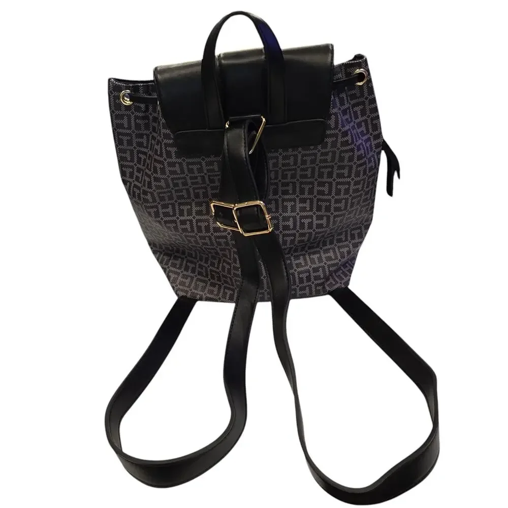 Tommy Hilfiger Women’s Backpack Bag, Black and Gray Logos, Top Flap drawstring